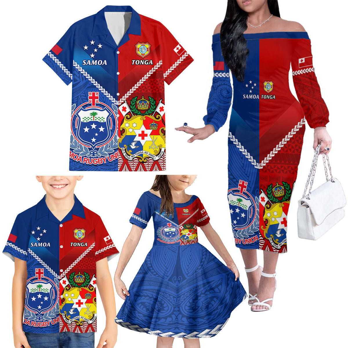Custom Samoa And Tonga Rugby Family Matching Off Shoulder Long Sleeve Dress and Hawaiian Shirt 2023 World Cup Manu Samoa With Ikale Tahi - Wonder Print Shop