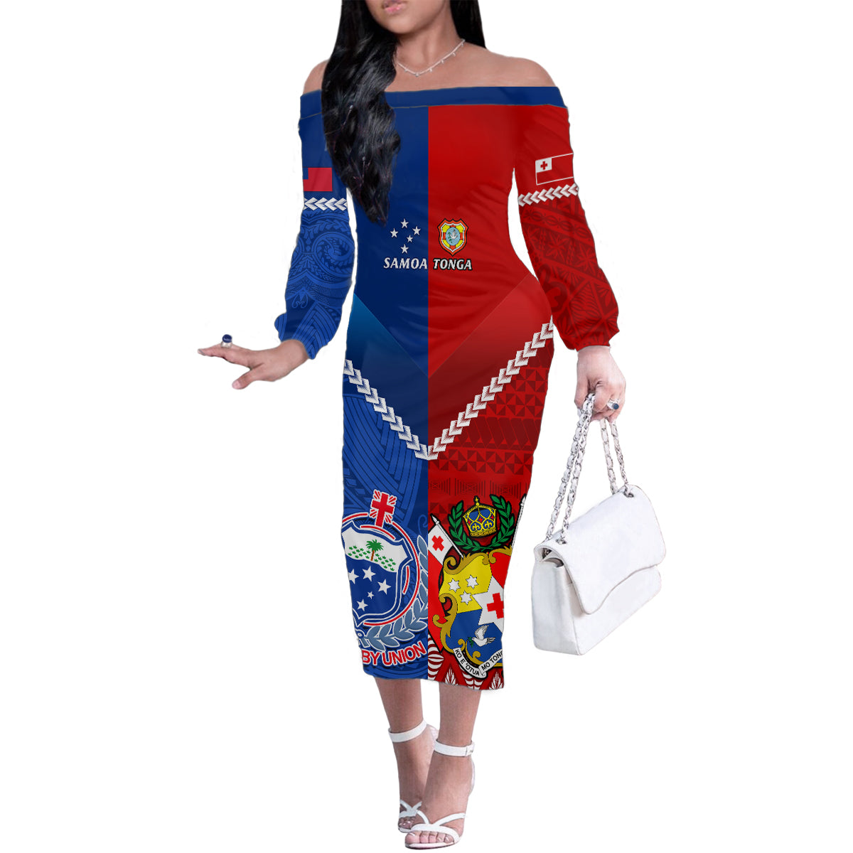 Custom Samoa And Tonga Rugby Family Matching Off Shoulder Long Sleeve Dress and Hawaiian Shirt 2023 World Cup Manu Samoa With Ikale Tahi - Wonder Print Shop