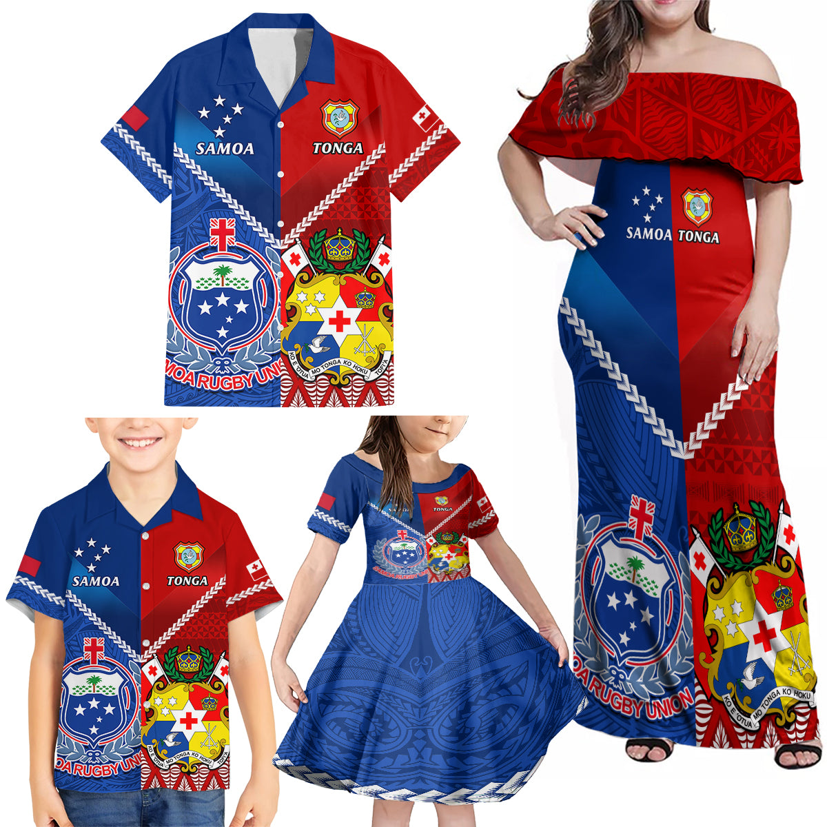 Custom Samoa And Tonga Rugby Family Matching Off Shoulder Maxi Dress and Hawaiian Shirt 2023 World Cup Manu Samoa With Ikale Tahi - Wonder Print Shop