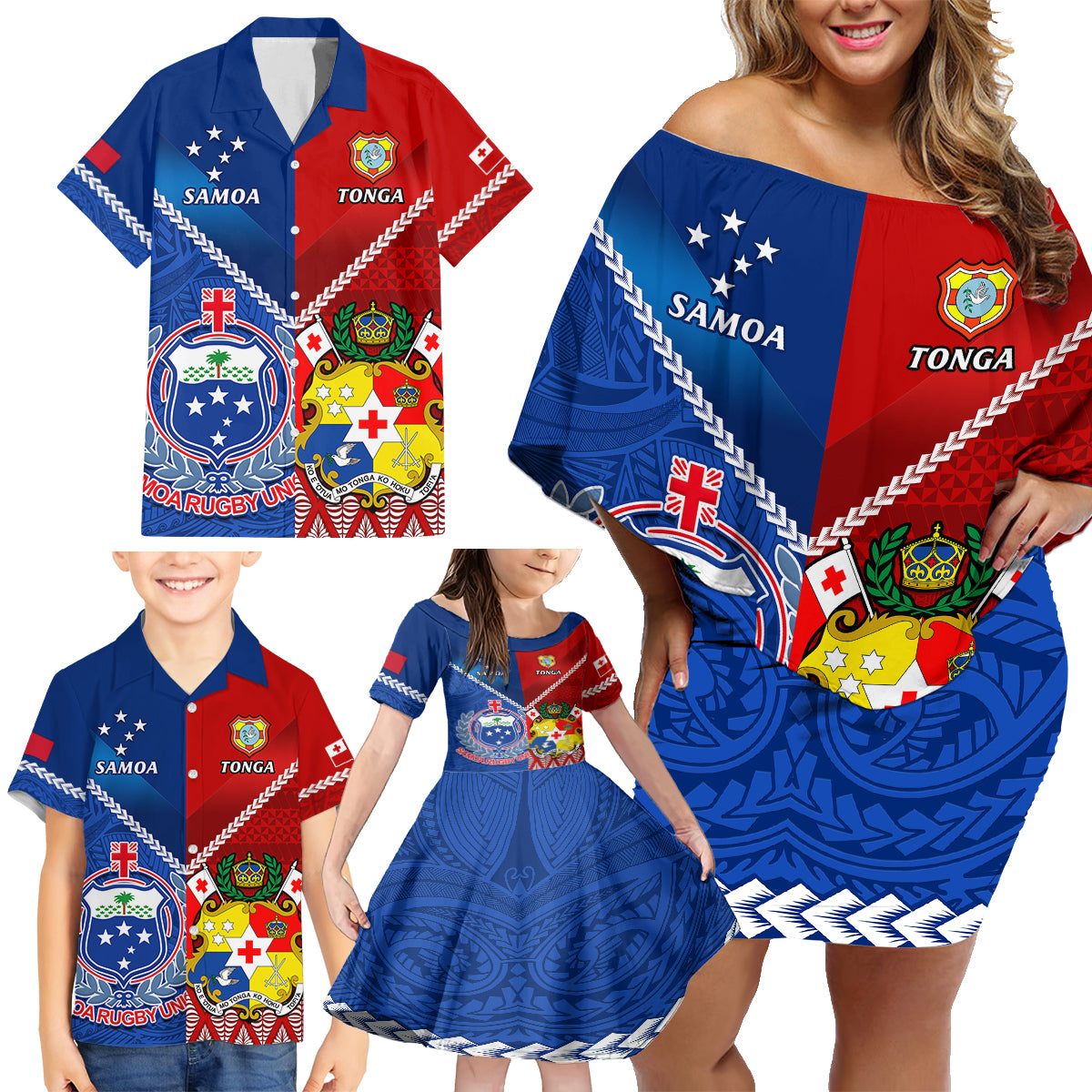Custom Samoa And Tonga Rugby Family Matching Off Shoulder Short Dress and Hawaiian Shirt 2023 World Cup Manu Samoa With Ikale Tahi - Wonder Print Shop
