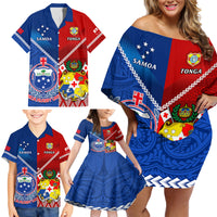 Custom Samoa And Tonga Rugby Family Matching Off Shoulder Short Dress and Hawaiian Shirt 2023 World Cup Manu Samoa With Ikale Tahi - Wonder Print Shop