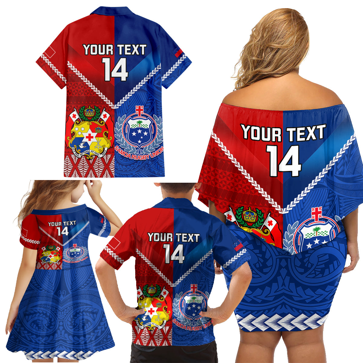 Custom Samoa And Tonga Rugby Family Matching Off Shoulder Short Dress and Hawaiian Shirt 2023 World Cup Manu Samoa With Ikale Tahi - Wonder Print Shop
