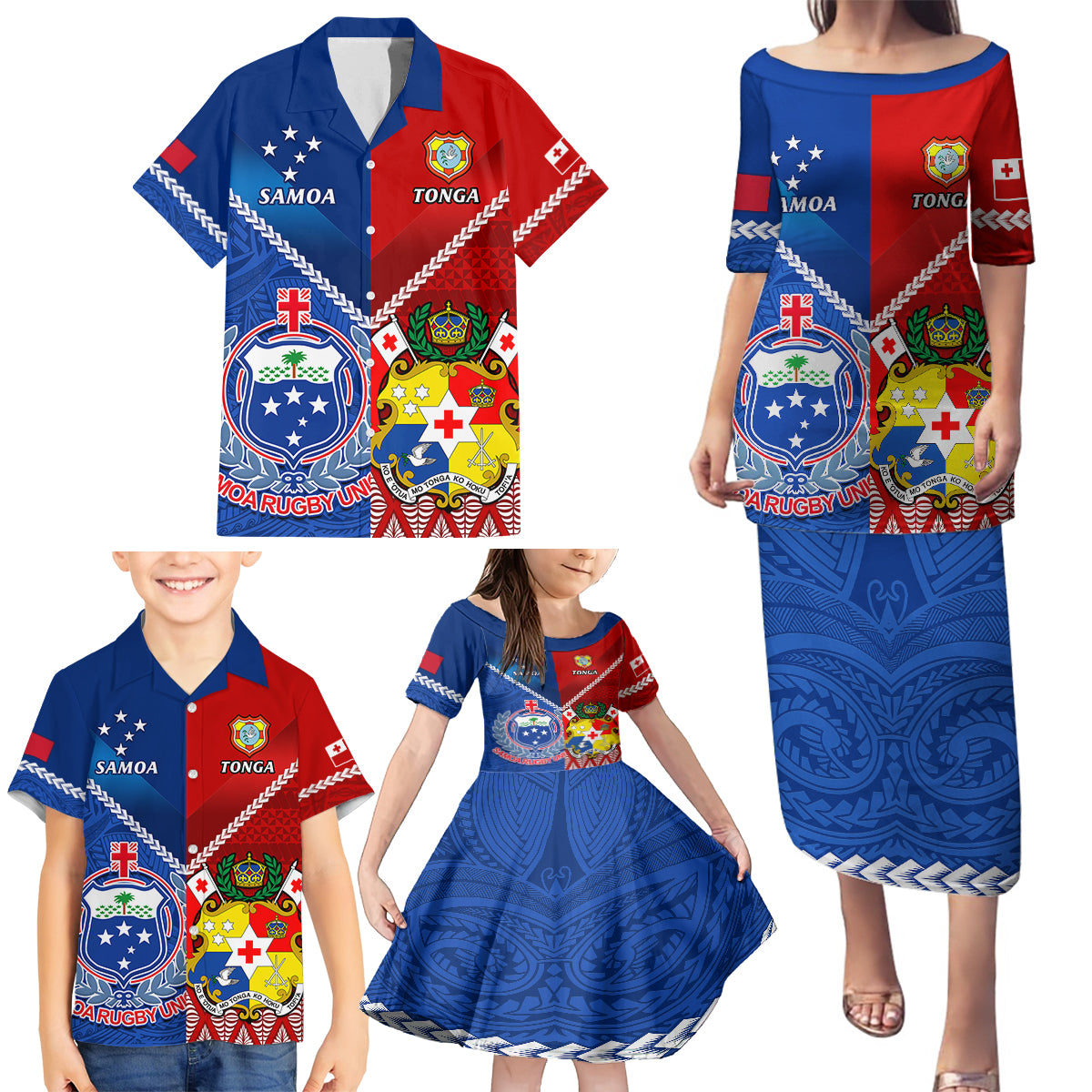 Custom Samoa And Tonga Rugby Family Matching Puletasi Dress and Hawaiian Shirt 2023 World Cup Manu Samoa With Ikale Tahi - Wonder Print Shop