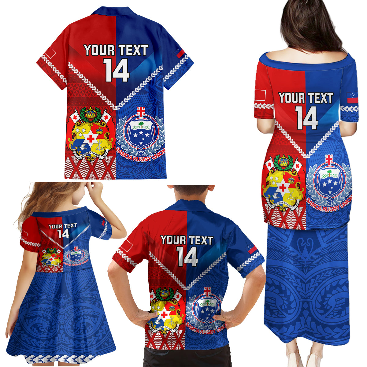 Custom Samoa And Tonga Rugby Family Matching Puletasi Dress and Hawaiian Shirt 2023 World Cup Manu Samoa With Ikale Tahi - Wonder Print Shop
