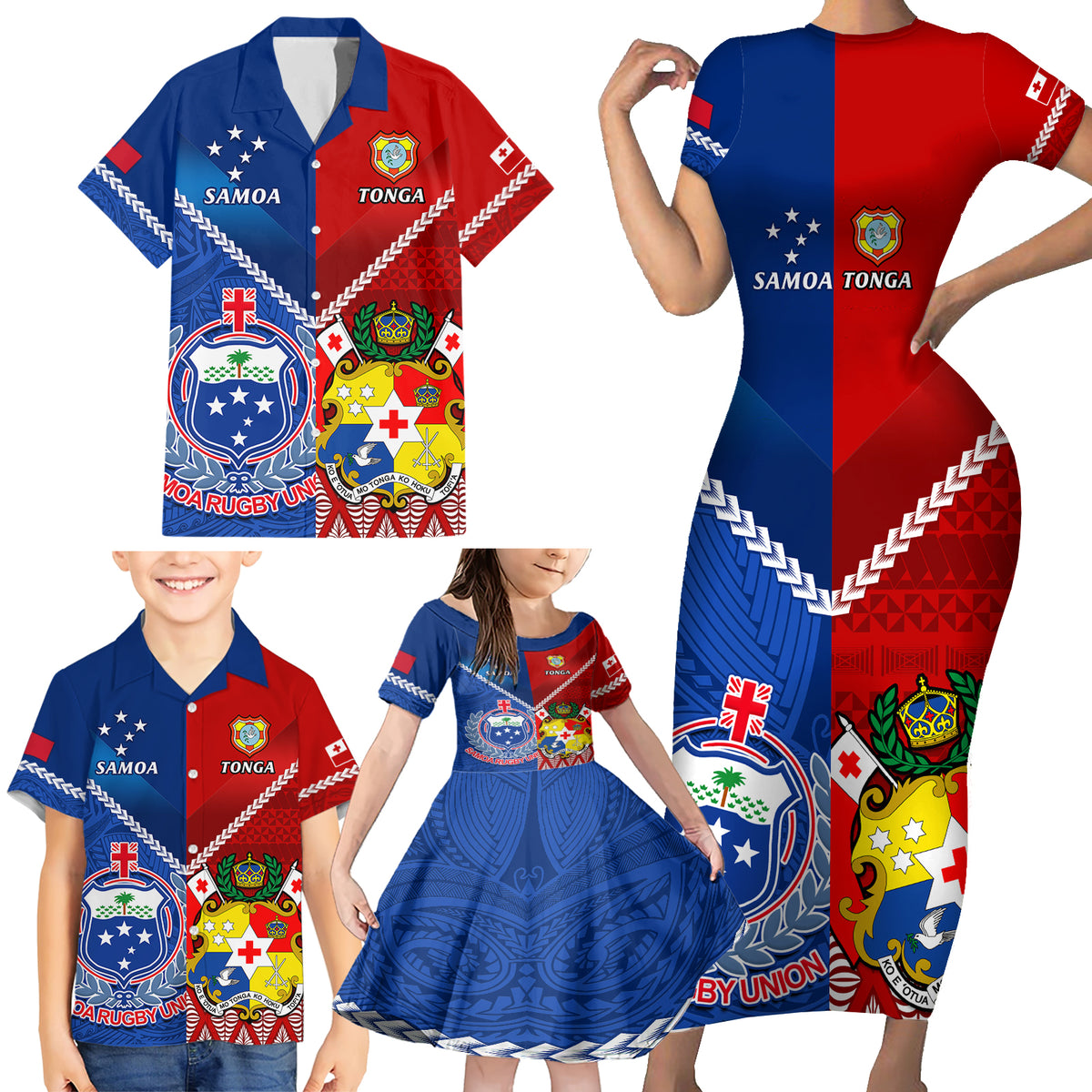 Custom Samoa And Tonga Rugby Family Matching Short Sleeve Bodycon Dress and Hawaiian Shirt 2023 World Cup Manu Samoa With Ikale Tahi - Wonder Print Shop