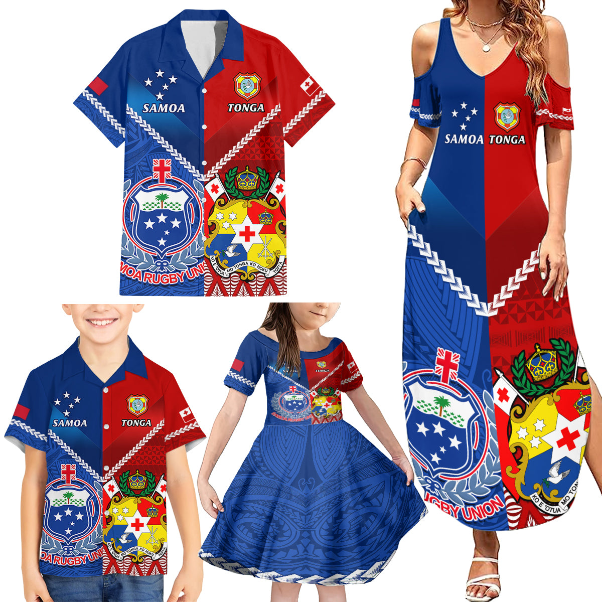 Custom Samoa And Tonga Rugby Family Matching Summer Maxi Dress and Hawaiian Shirt 2023 World Cup Manu Samoa With Ikale Tahi - Wonder Print Shop