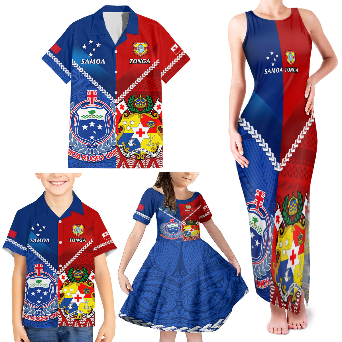 Custom Samoa And Tonga Rugby Family Matching Tank Maxi Dress and Hawaiian Shirt 2023 World Cup Manu Samoa With Ikale Tahi - Wonder Print Shop