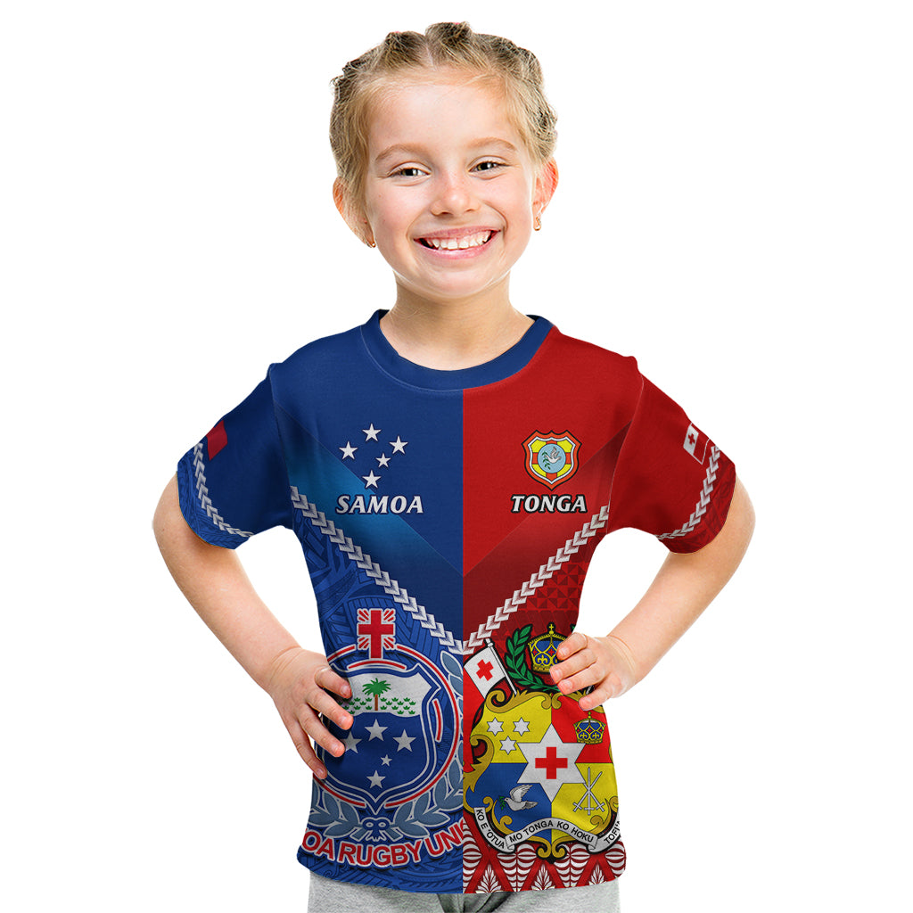 Custom Samoa And Tonga Rugby Kid T Shirt 2023 World Cup Manu Samoa With Ikale Tahi - Wonder Print Shop