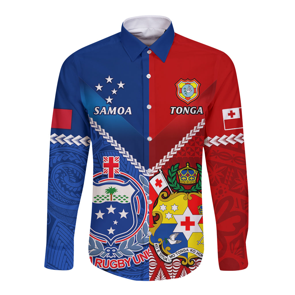 Custom Samoa And Tonga Rugby Long Sleeve Button Shirt 2023 World Cup Manu Samoa With Ikale Tahi - Wonder Print Shop