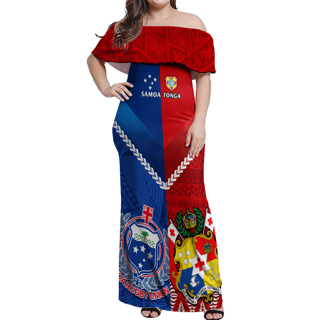 Custom Samoa And Tonga Rugby Off Shoulder Maxi Dress 2023 World Cup Manu Samoa With Ikale Tahi - Wonder Print Shop