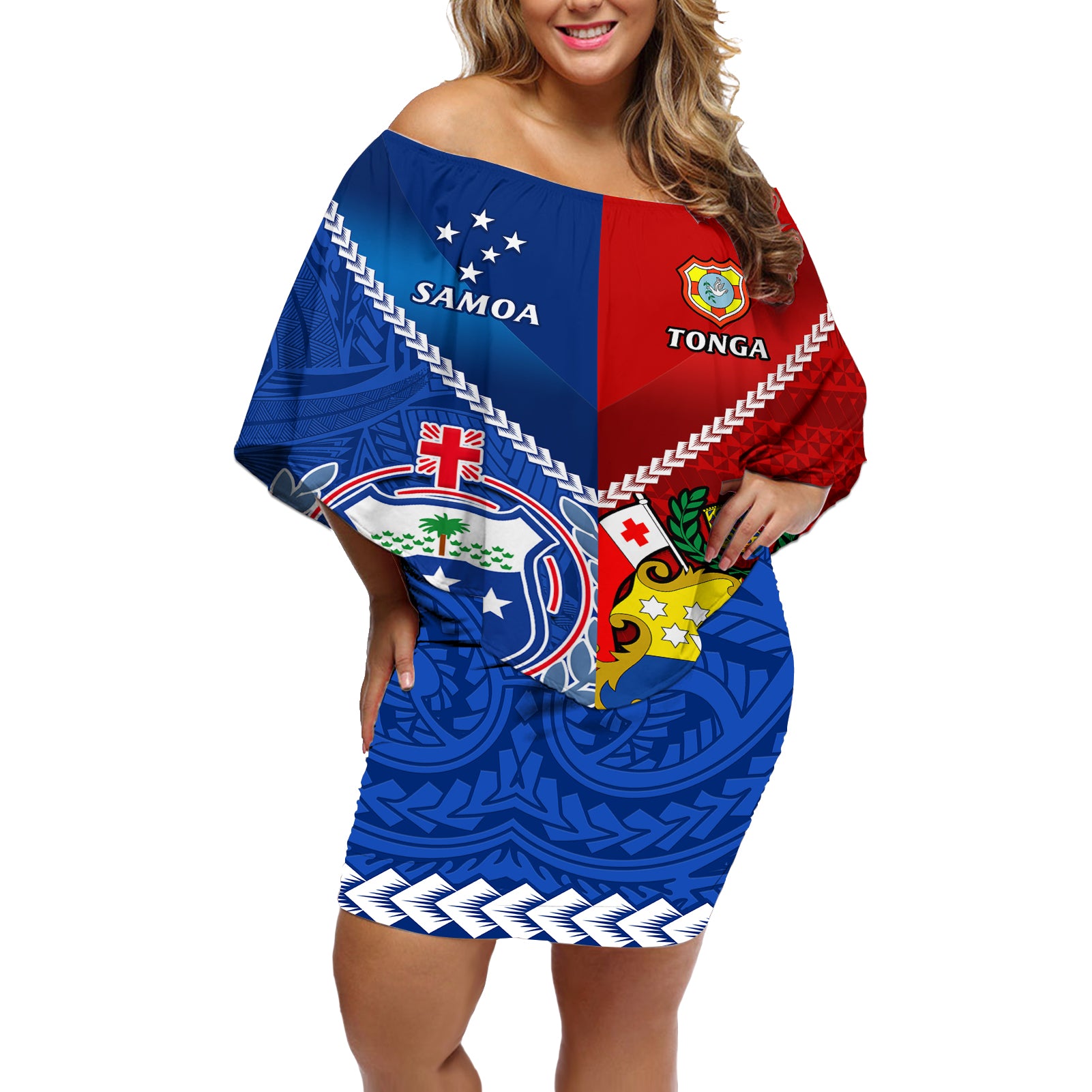 Custom Samoa And Tonga Rugby Off Shoulder Short Dress 2023 World Cup Manu Samoa With Ikale Tahi - Wonder Print Shop