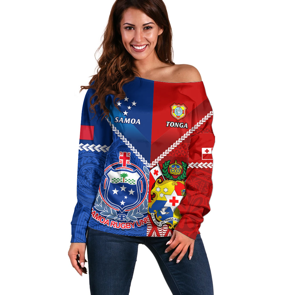 Custom Samoa And Tonga Rugby Off Shoulder Sweater 2023 World Cup Manu Samoa With Ikale Tahi - Wonder Print Shop