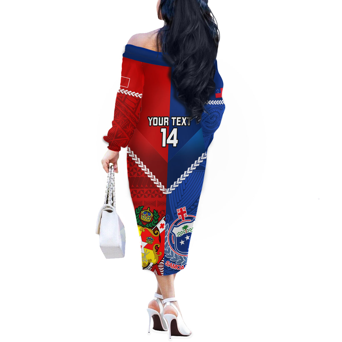 Custom Samoa And Tonga Rugby Off The Shoulder Long Sleeve Dress 2023 World Cup Manu Samoa With Ikale Tahi - Wonder Print Shop