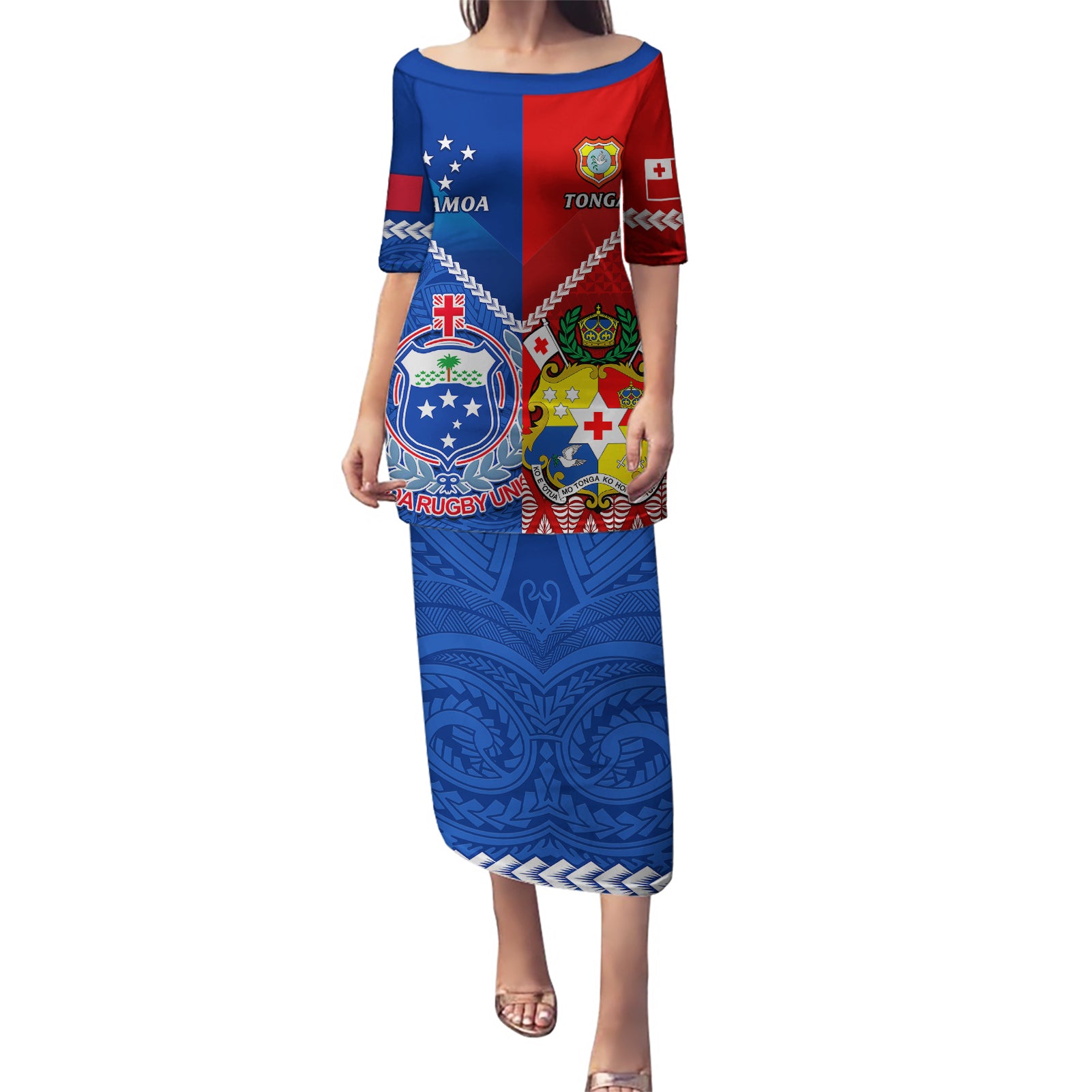 Custom Samoa And Tonga Rugby Puletasi 2023 World Cup Manu Samoa With Ikale Tahi - Wonder Print Shop