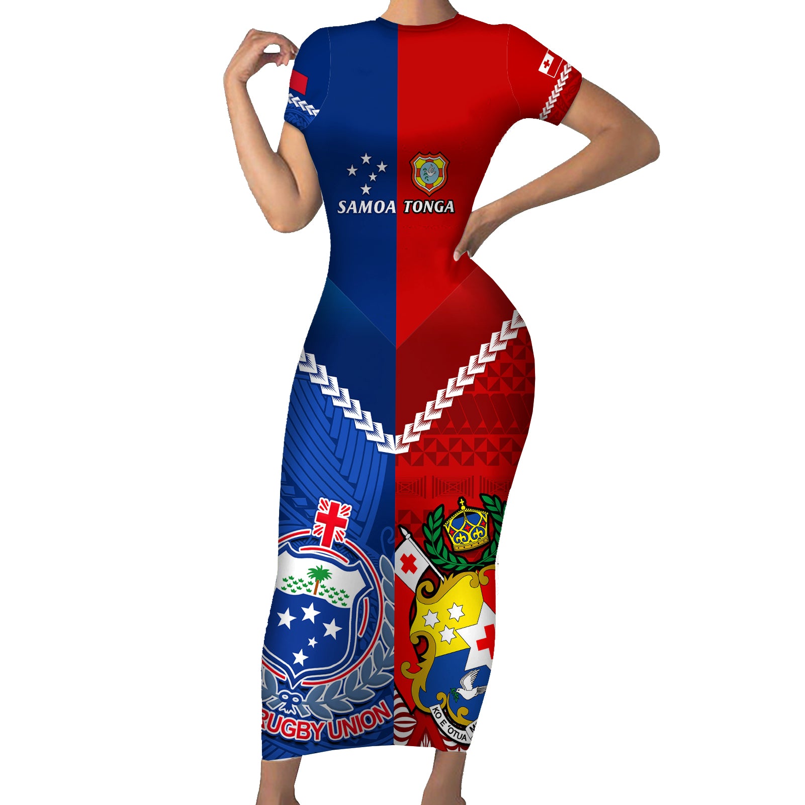 Custom Samoa And Tonga Rugby Short Sleeve Bodycon Dress 2023 World Cup Manu Samoa With Ikale Tahi - Wonder Print Shop