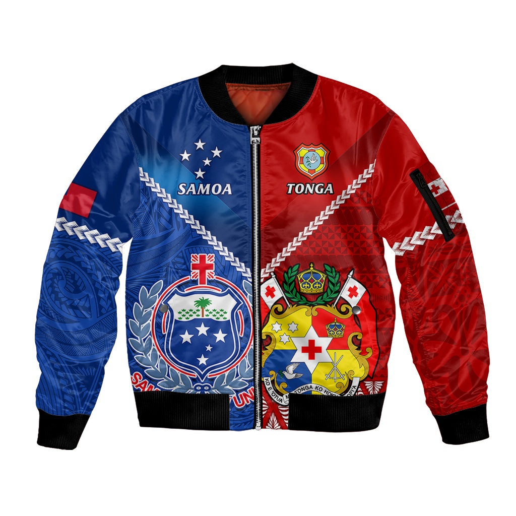 Custom Samoa And Tonga Rugby Sleeve Zip Bomber Jacket 2023 World Cup Manu Samoa With Ikale Tahi - Wonder Print Shop