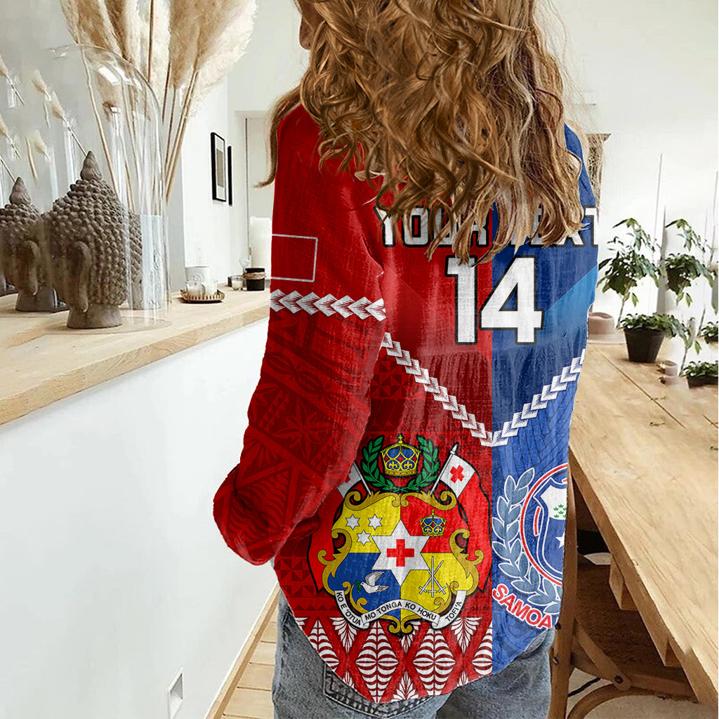 Custom Samoa And Tonga Rugby Women Casual Shirt 2023 World Cup Manu Samoa With Ikale Tahi - Wonder Print Shop