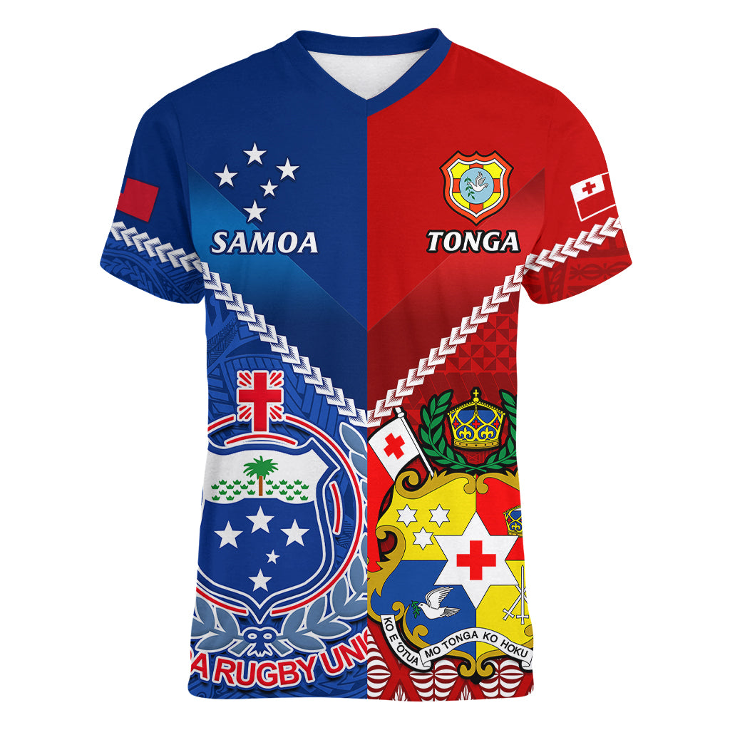 Custom Samoa And Tonga Rugby Women V Neck T Shirt 2023 World Cup Manu Samoa With Ikale Tahi - Wonder Print Shop