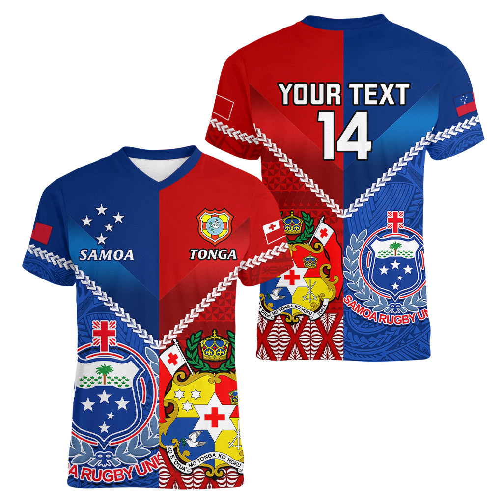 Custom Samoa And Tonga Rugby Women V Neck T Shirt 2023 World Cup Manu Samoa With Ikale Tahi - Wonder Print Shop