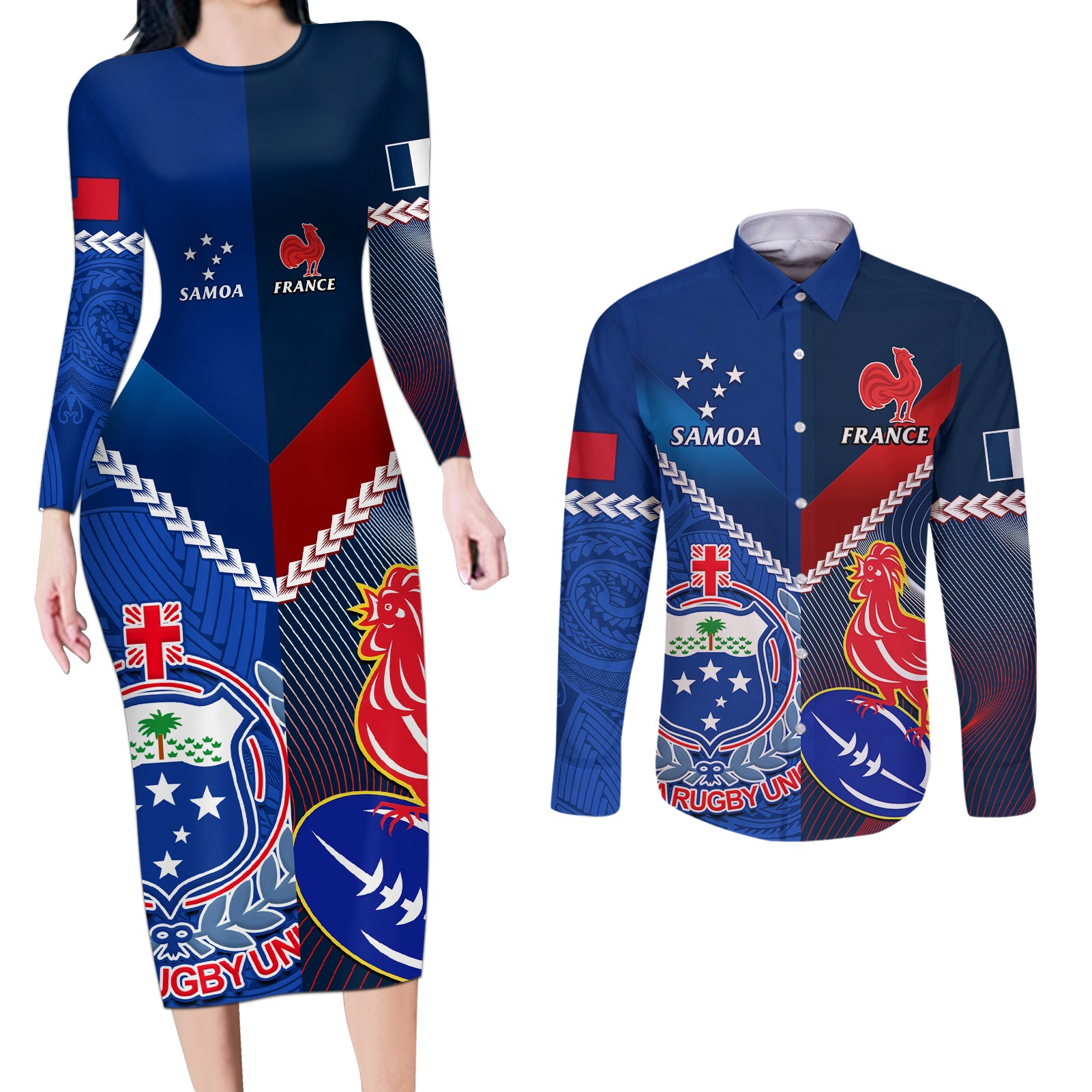 samoa-and-france-rugby-couples-matching-long-sleeve-bodycon-dress-and-long-sleeve-button-shirts-2023-world-cup-manu-samoa-with-les-bleus