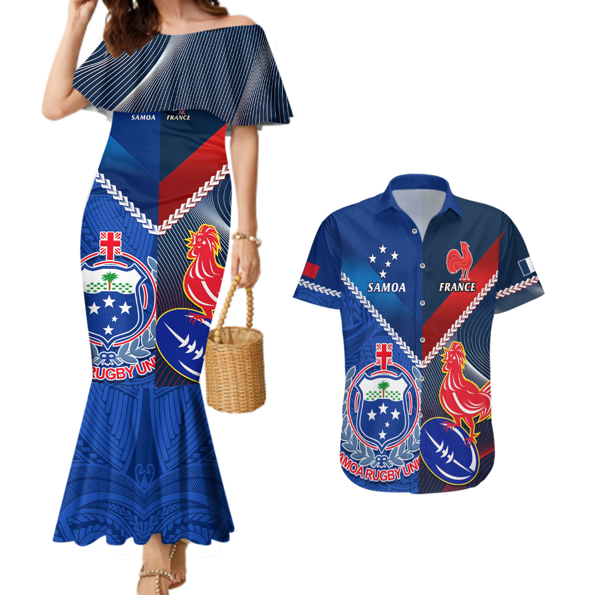 samoa-and-france-rugby-couples-matching-mermaid-dress-and-hawaiian-shirt-2023-world-cup-manu-samoa-with-les-bleus