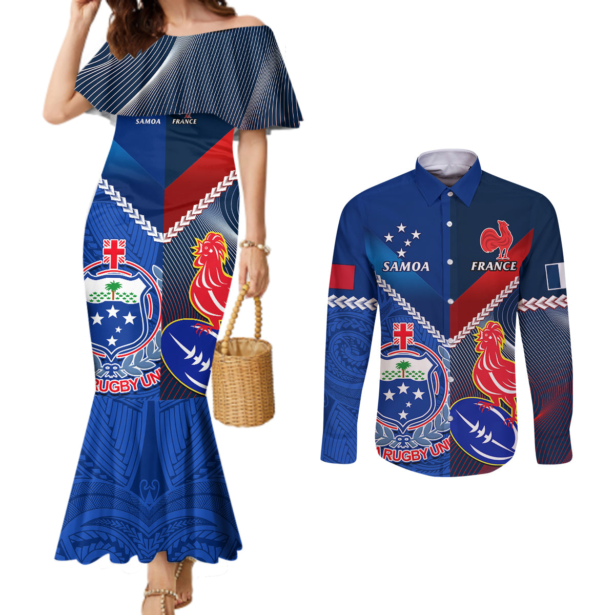 samoa-and-france-rugby-couples-matching-mermaid-dress-and-long-sleeve-button-shirts-2023-world-cup-manu-samoa-with-les-bleus