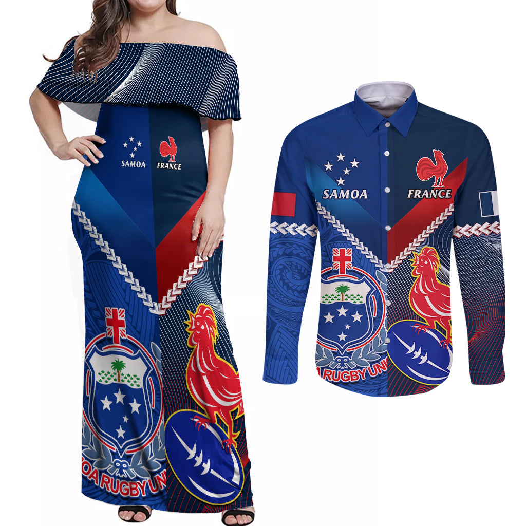 Samoa And France Rugby Couples Matching Off Shoulder Maxi Dress and Long Sleeve Button Shirts 2023 World Cup Manu Samoa With Les Bleus - Wonder Print Shop