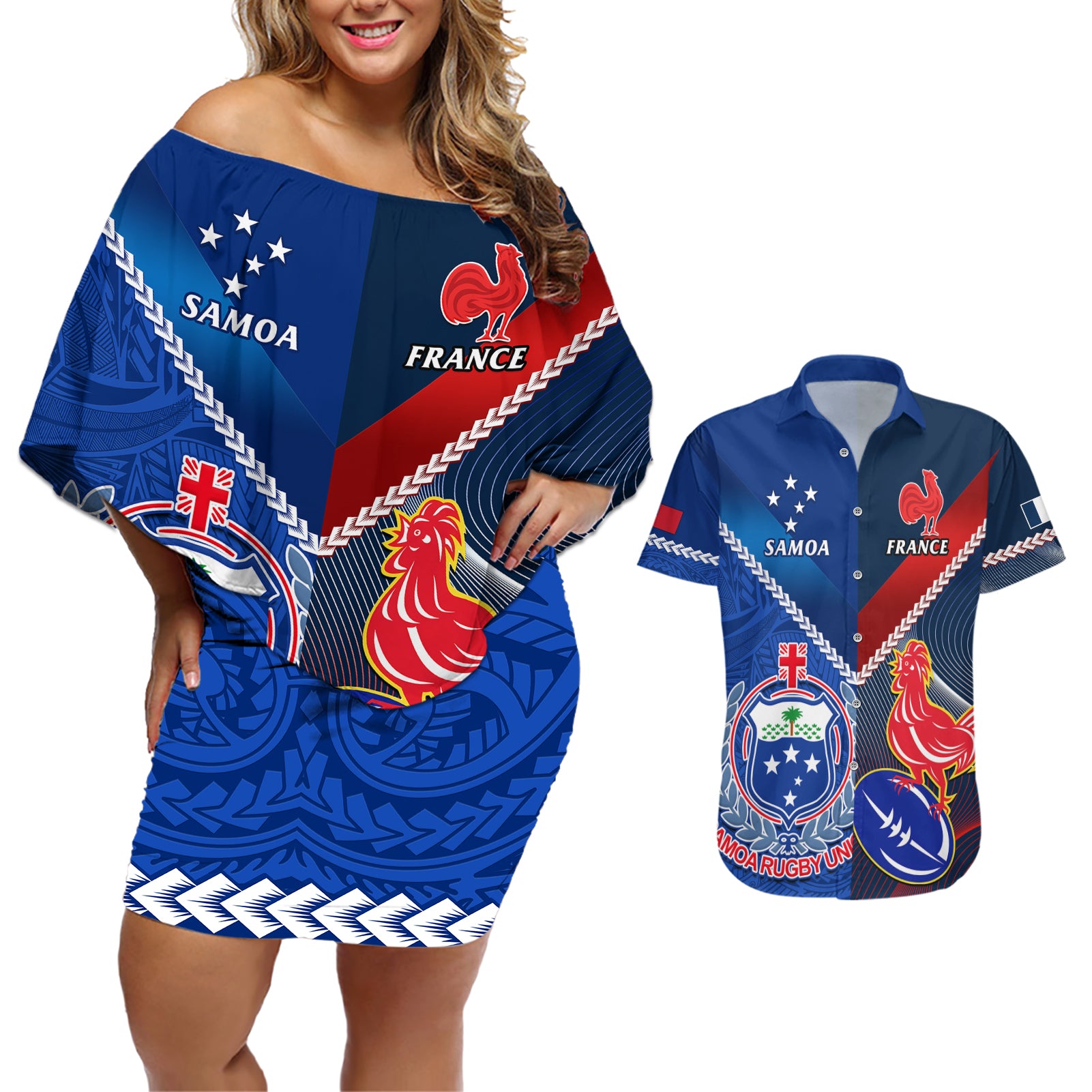 samoa-and-france-rugby-couples-matching-off-shoulder-short-dress-and-hawaiian-shirt-2023-world-cup-manu-samoa-with-les-bleus