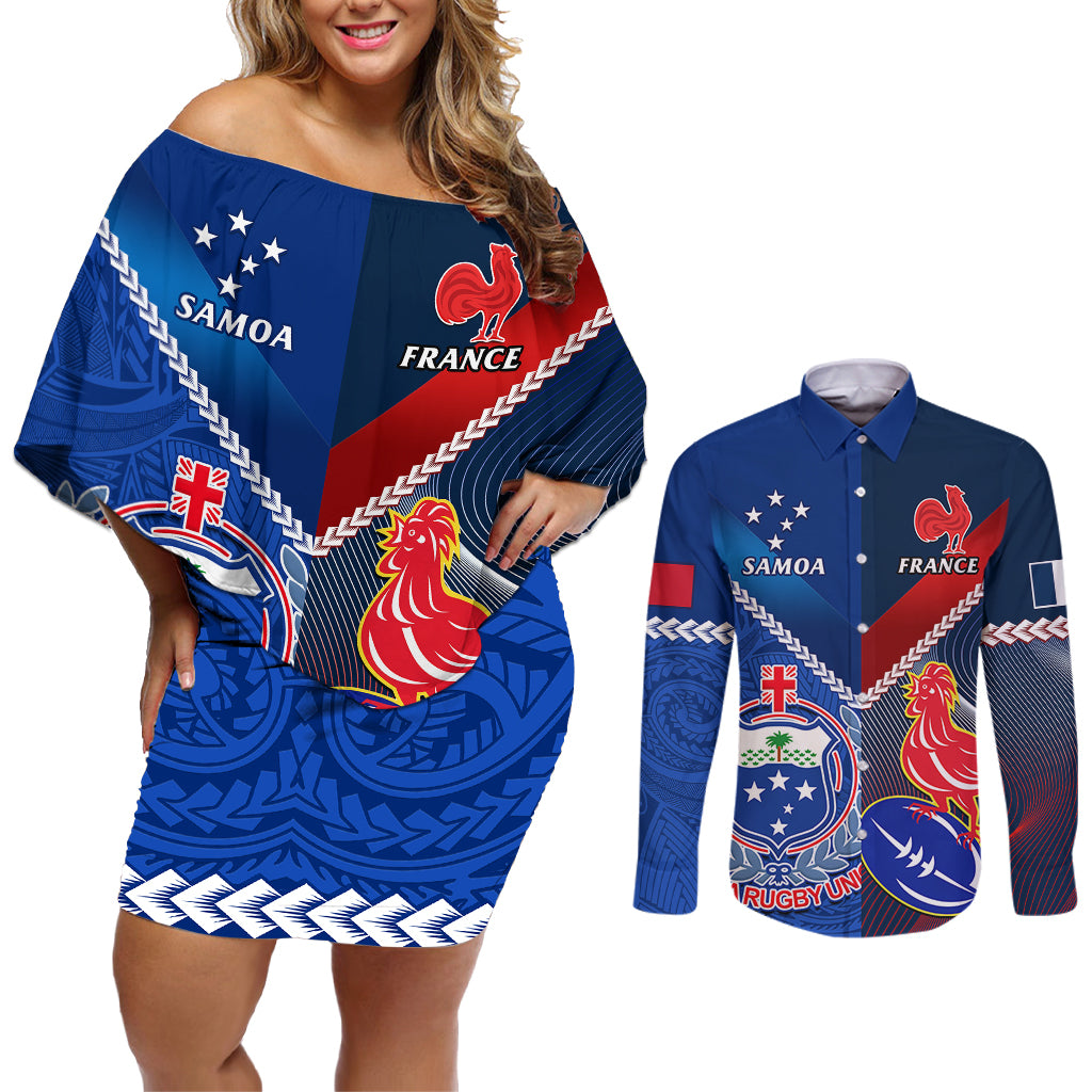 samoa-and-france-rugby-couples-matching-off-shoulder-short-dress-and-long-sleeve-button-shirts-2023-world-cup-manu-samoa-with-les-bleus