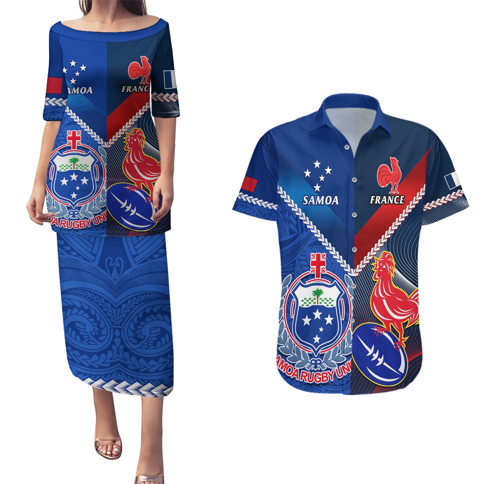 samoa-and-france-rugby-couples-matching-puletasi-dress-and-hawaiian-shirt-2023-world-cup-manu-samoa-with-les-bleus