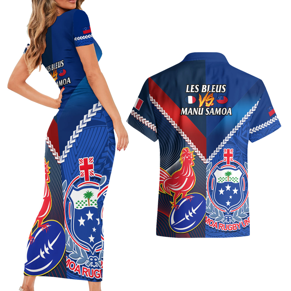 Samoa And France Rugby Couples Matching Short Sleeve Bodycon Dress and Hawaiian Shirt 2023 World Cup Manu Samoa With Les Bleus - Wonder Print Shop
