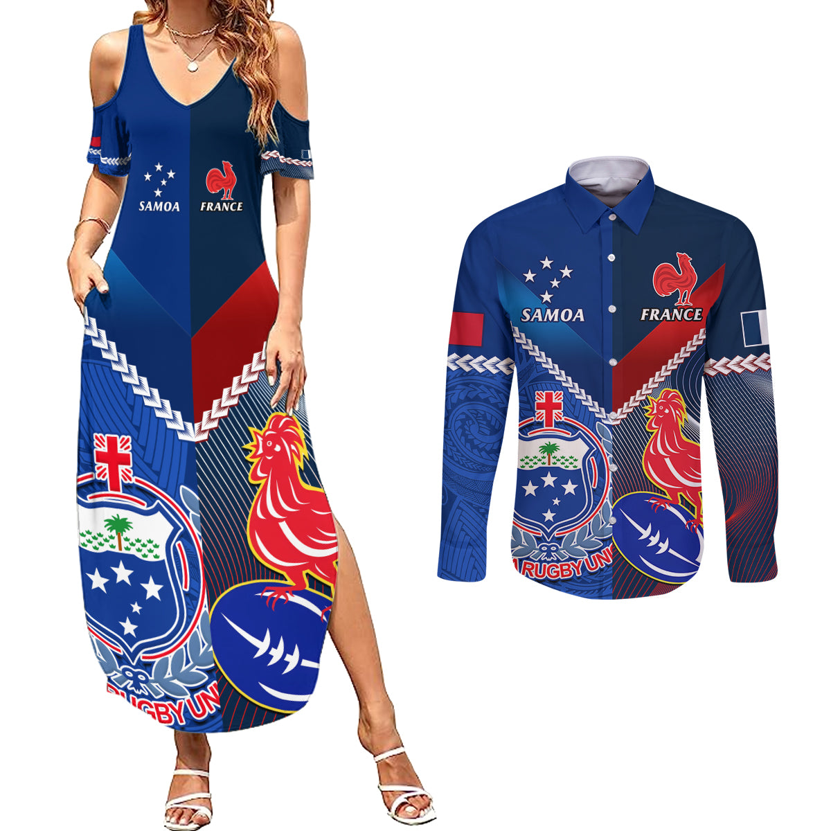 samoa-and-france-rugby-couples-matching-summer-maxi-dress-and-long-sleeve-button-shirts-2023-world-cup-manu-samoa-with-les-bleus