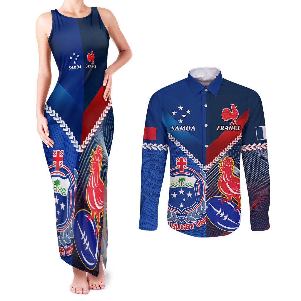 samoa-and-france-rugby-couples-matching-tank-maxi-dress-and-long-sleeve-button-shirts-2023-world-cup-manu-samoa-with-les-bleus