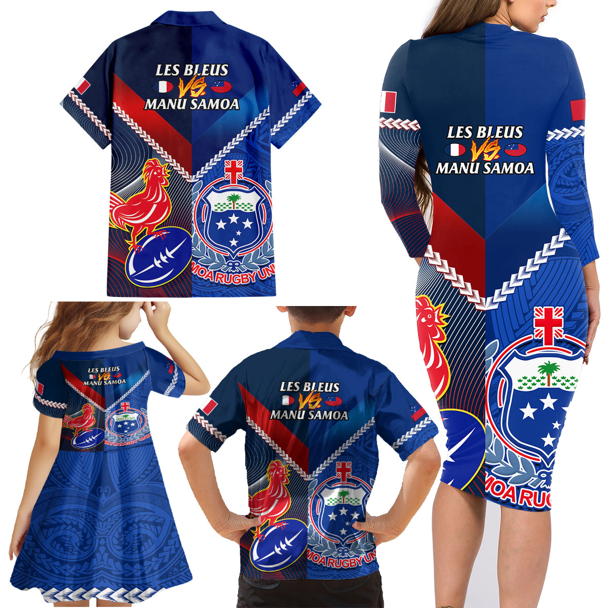 Samoa And France Rugby Family Matching Long Sleeve Bodycon Dress and Hawaiian Shirt 2023 World Cup Manu Samoa With Les Bleus - Wonder Print Shop