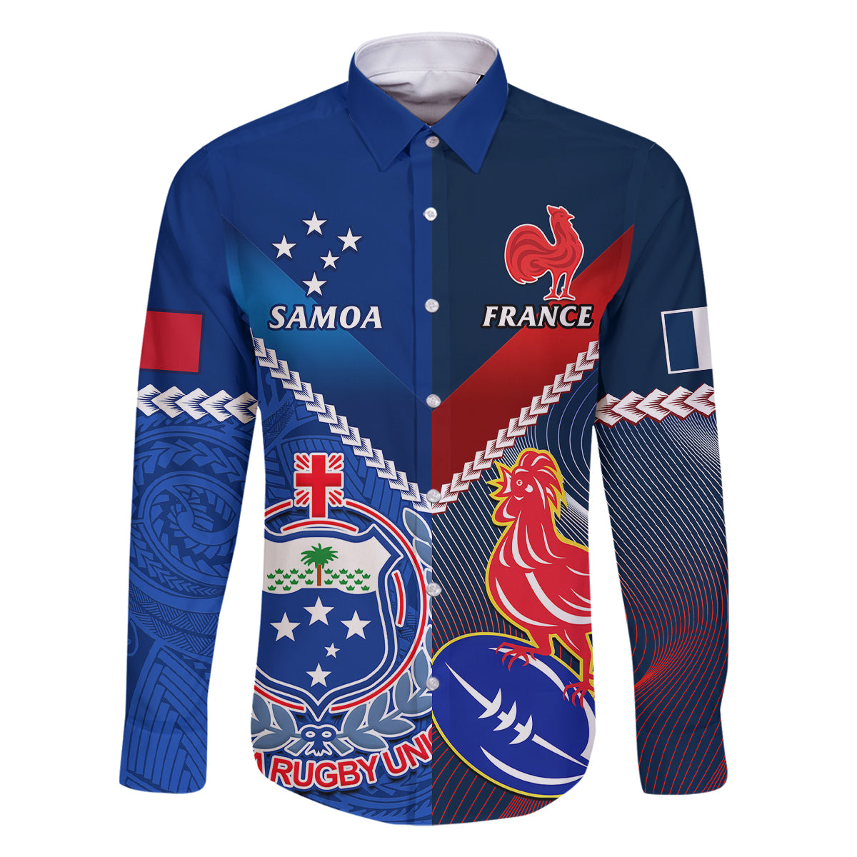 Samoa And France Rugby Family Matching Mermaid Dress and Hawaiian Shirt 2023 World Cup Manu Samoa With Les Bleus - Wonder Print Shop