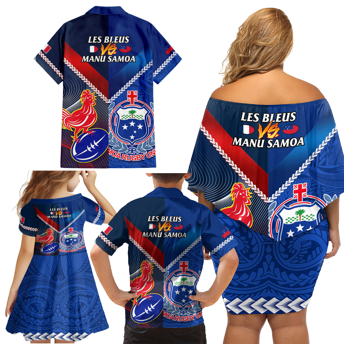 Samoa And France Rugby Family Matching Off Shoulder Short Dress and Hawaiian Shirt 2023 World Cup Manu Samoa With Les Bleus - Wonder Print Shop