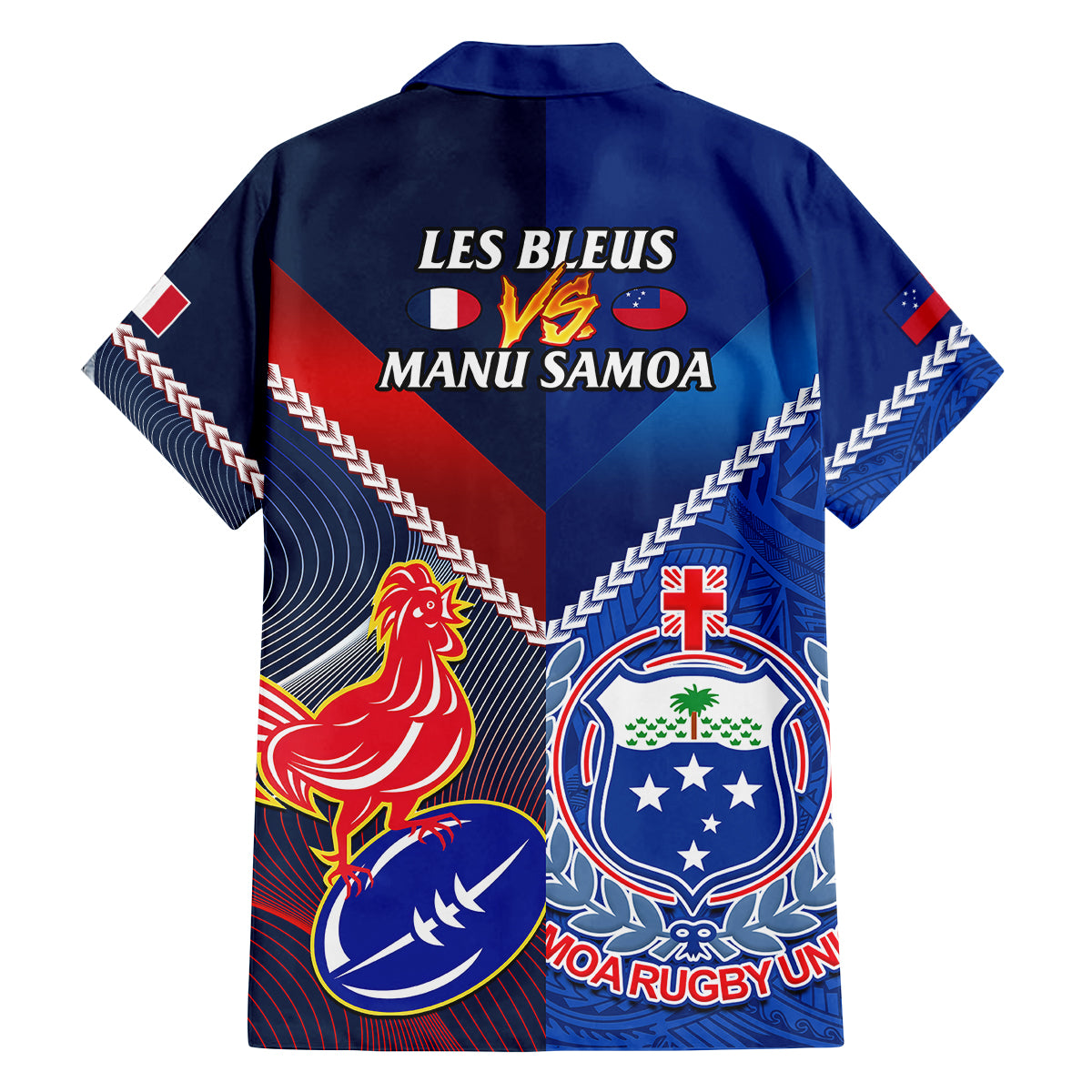 Samoa And France Rugby Family Matching Off Shoulder Short Dress and Hawaiian Shirt 2023 World Cup Manu Samoa With Les Bleus - Wonder Print Shop