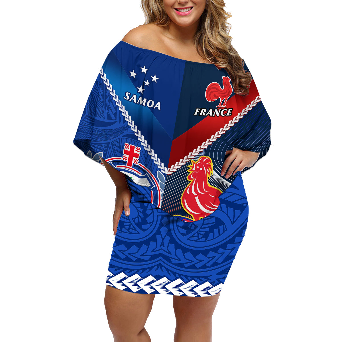 Samoa And France Rugby Family Matching Off Shoulder Short Dress and Hawaiian Shirt 2023 World Cup Manu Samoa With Les Bleus - Wonder Print Shop