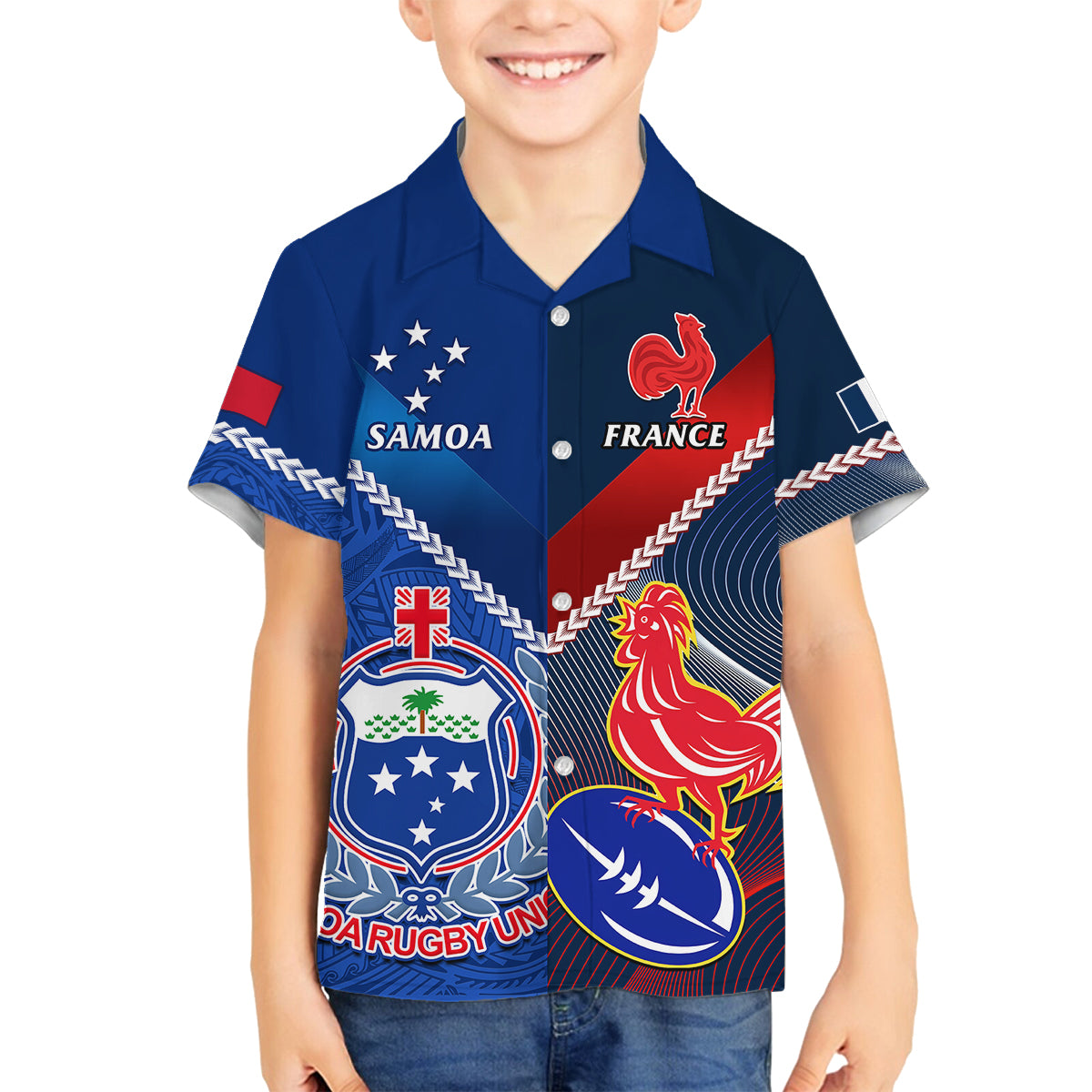 Samoa And France Rugby Family Matching Off Shoulder Short Dress and Hawaiian Shirt 2023 World Cup Manu Samoa With Les Bleus - Wonder Print Shop