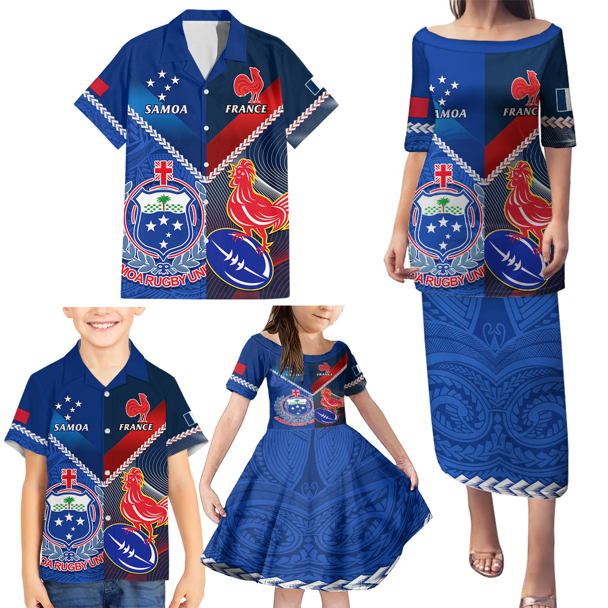 Samoa And France Rugby Family Matching Puletasi Dress and Hawaiian Shirt 2023 World Cup Manu Samoa With Les Bleus - Wonder Print Shop