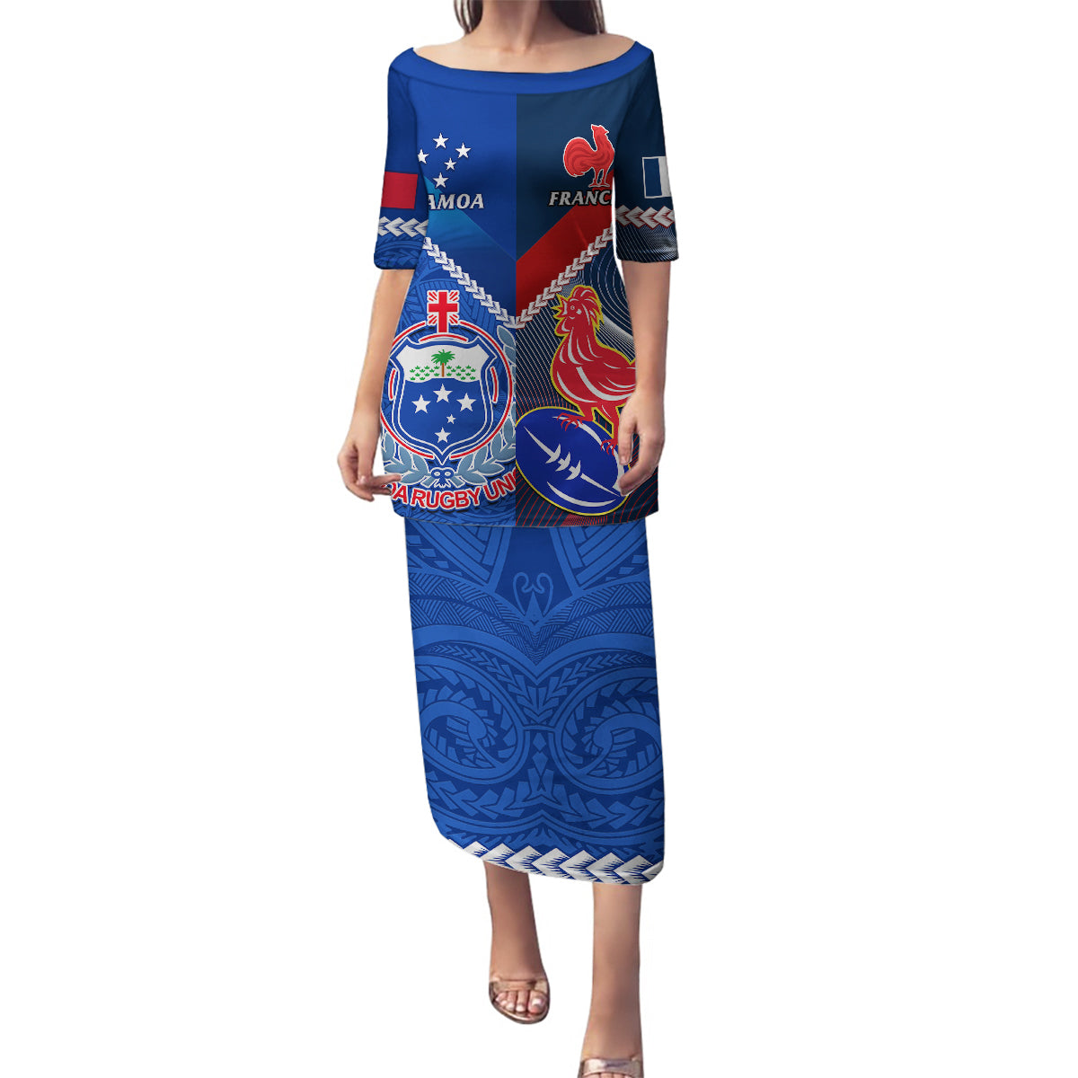 Samoa And France Rugby Family Matching Puletasi Dress and Hawaiian Shirt 2023 World Cup Manu Samoa With Les Bleus - Wonder Print Shop