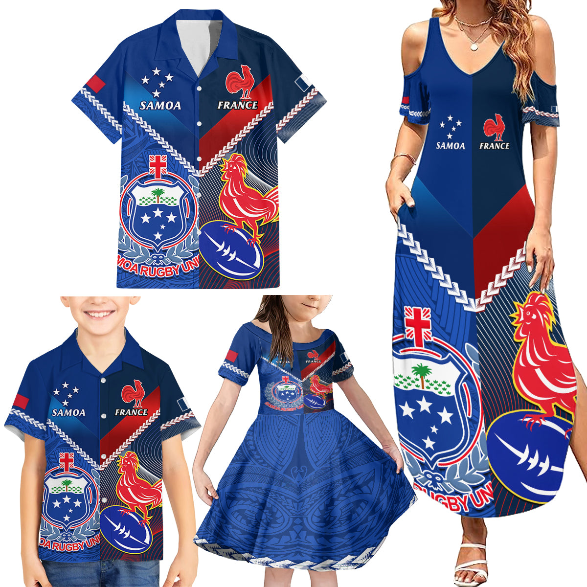 Samoa And France Rugby Family Matching Summer Maxi Dress and Hawaiian Shirt 2023 World Cup Manu Samoa With Les Bleus - Wonder Print Shop
