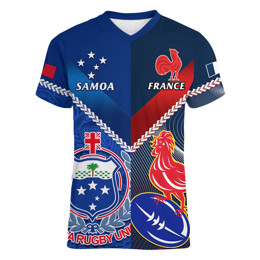 Samoa And France Rugby Women V Neck T Shirt 2023 World Cup Manu Samoa With Les Bleus - Wonder Print Shop
