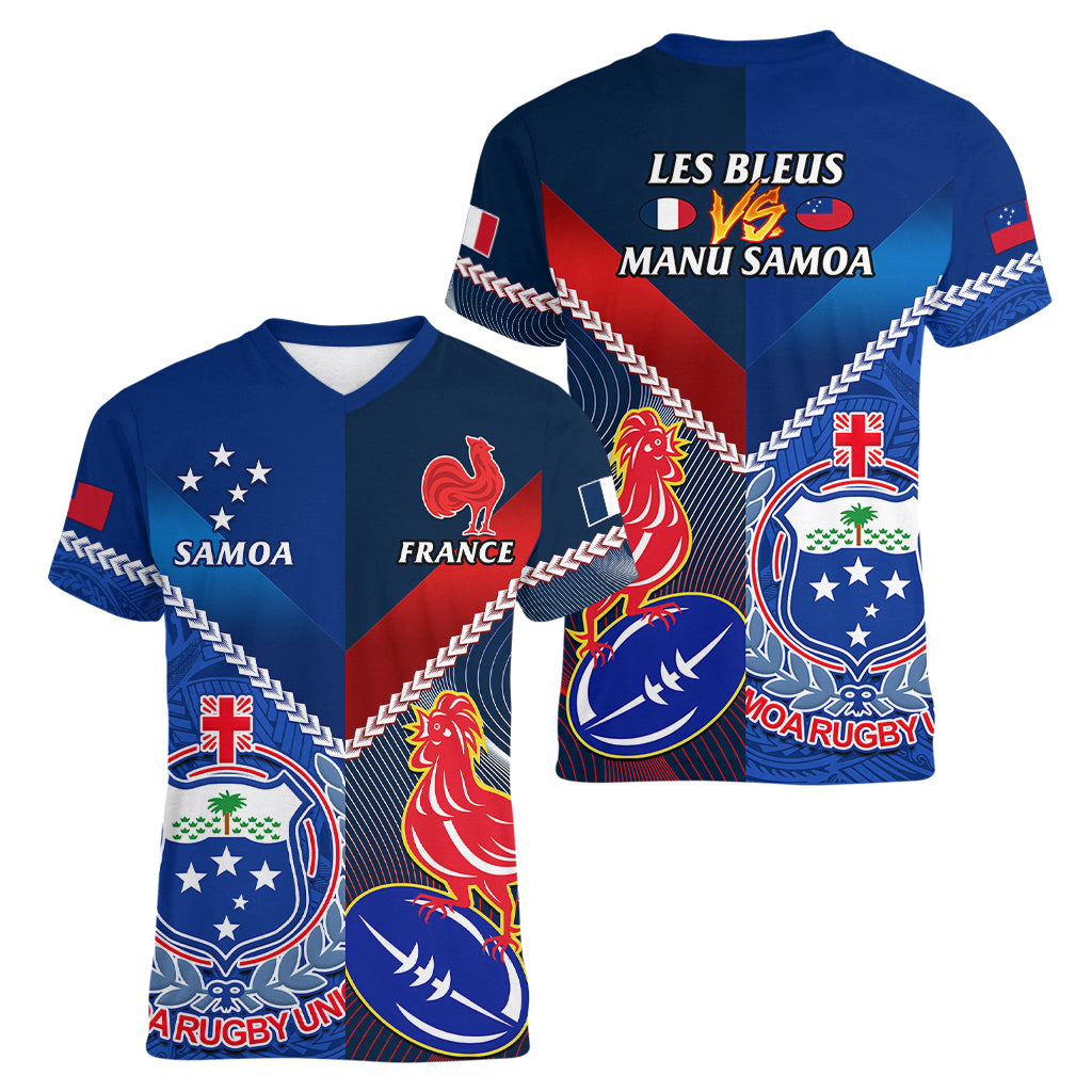 Samoa And France Rugby Women V Neck T Shirt 2023 World Cup Manu Samoa With Les Bleus - Wonder Print Shop