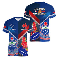 Samoa And France Rugby Women V Neck T Shirt 2023 World Cup Manu Samoa With Les Bleus - Wonder Print Shop