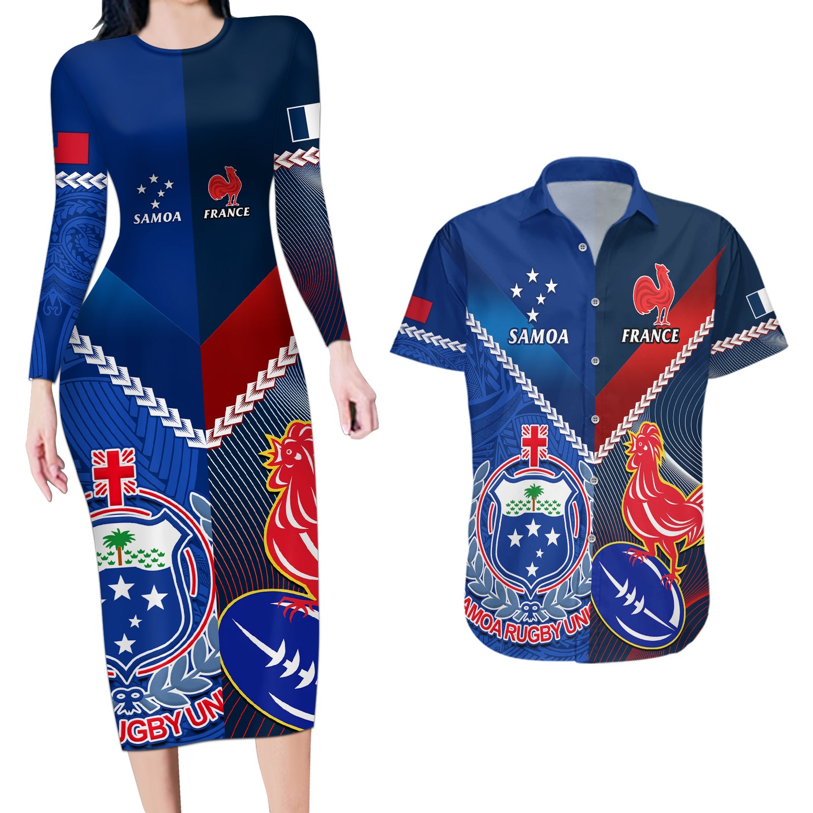 custom-samoa-and-france-rugby-couples-matching-long-sleeve-bodycon-dress-and-hawaiian-shirt-2023-world-cup-manu-samoa-with-les-bleus