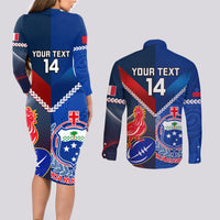 Custom Samoa And France Rugby Couples Matching Long Sleeve Bodycon Dress and Long Sleeve Button Shirts 2023 World Cup Manu Samoa With Les Bleus - Wonder Print Shop