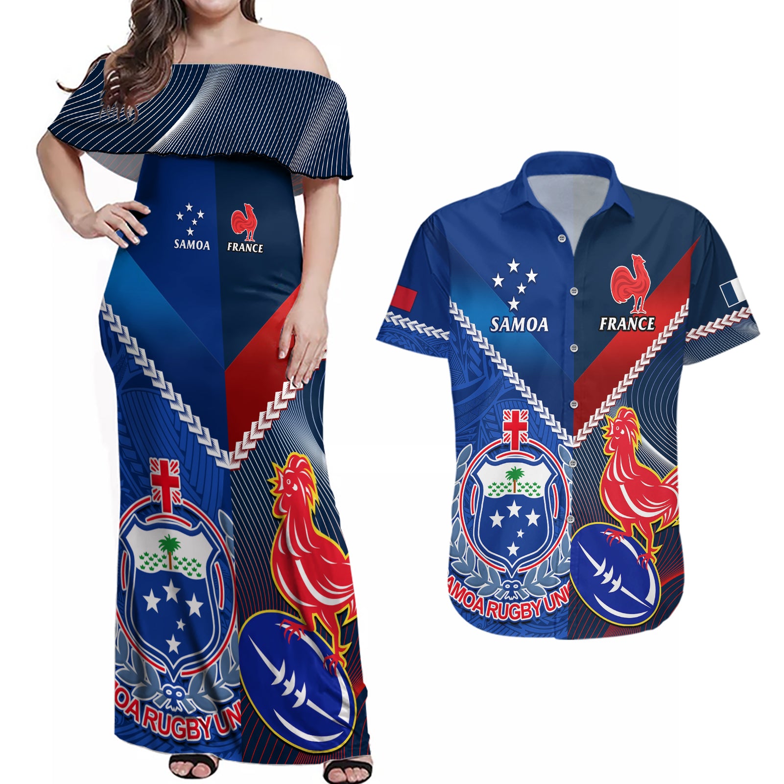 Custom Samoa And France Rugby Couples Matching Off Shoulder Maxi Dress and Hawaiian Shirt 2023 World Cup Manu Samoa With Les Bleus - Wonder Print Shop