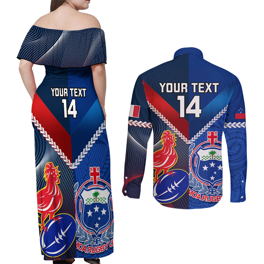 Custom Samoa And France Rugby Couples Matching Off Shoulder Maxi Dress and Long Sleeve Button Shirts 2023 World Cup Manu Samoa With Les Bleus - Wonder Print Shop