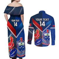 Custom Samoa And France Rugby Couples Matching Off Shoulder Maxi Dress and Long Sleeve Button Shirts 2023 World Cup Manu Samoa With Les Bleus - Wonder Print Shop